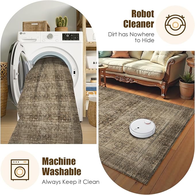 Washable Area Rug 9' x 12' Vintage Traditional Persian Mat - Foldable Distressed Non-Slip Machine Washable Carpet for Living Room Bedroom Kitchen Home Decor - Mocha and Taupe