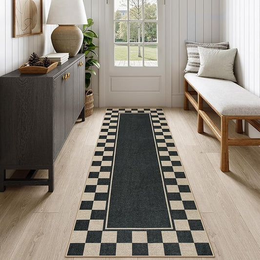 Moynesa Easy Jute Runner Rugs Washable 2x6 Entryway Runners Rug for Kitchen Black Checkered Carpet for Indoor Outdoor Non Slip Mat for Hallways Bathroom Bedroom Laundry Living Room Corridor