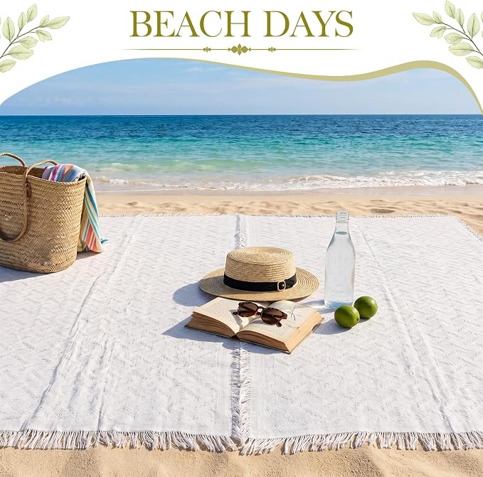 2 Pack White Coffee Extra Large Picnic Blanket, Outdoor Picnic Mat, Woven Boho Large Beach Blanket with Fringe for Park, Camping, Lawn or Wedding Photoshoot (71 x 91 Inches)