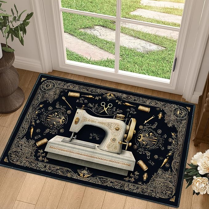 Vintage Sewing Machine Ornate 2x3 Entry Rug,Washable Small Rugs for Entryway Kitchen Bathroom Door Mat Indoor Entrance,Non Slip Rubber Backing,Stain & Fade Resistant,Craft Lover Decor