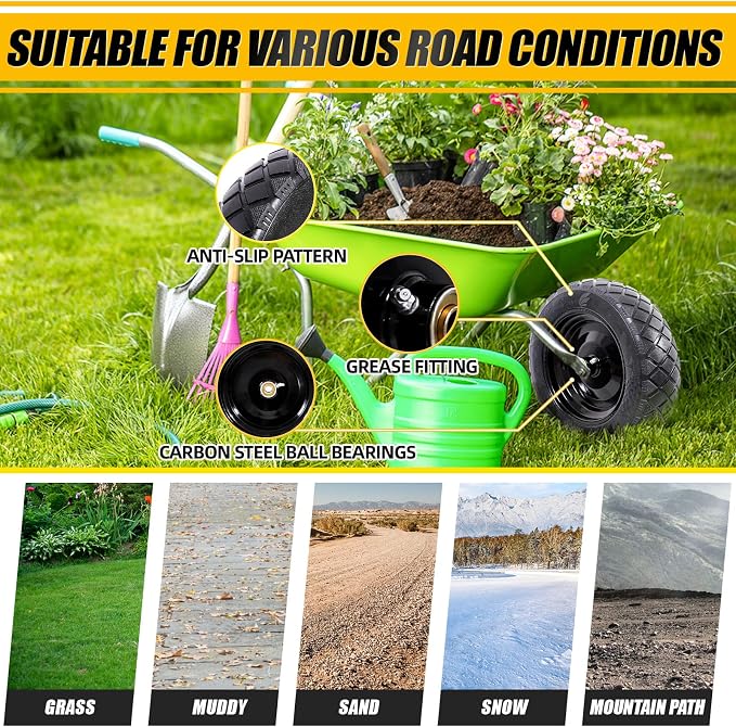 MZREXN 4.80/4.00-8" Flat Free Tire and Wheel 15" Wheelbarrow Tires | 3.00-4.00/4.80-8" Solid Tires with 5/8" & 3/4" Bearings, 3" Centered Hub for Hand Truck Garden Trailers 2PCS Black