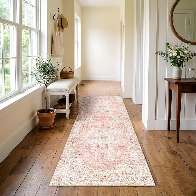Latte&Fog Washable Hallway Runner Rug 2x6 Non Slip Pink Rugs for Kitchen | Low Pile Soft Cute Throw Rug Doormat for Entrance Bathroom Laundry Bedside Bedroom Nursery Playroom Hallyway Dorm Office