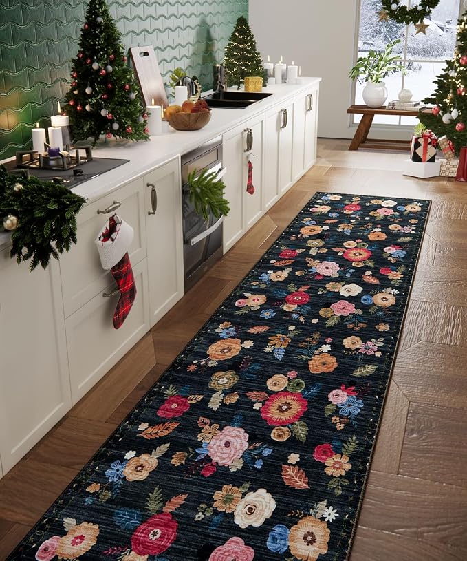 Machine Washable Rug Runners for Hallways: 2x10 Kitchen Rugs Non Slip Low Pile Soft Faux Wool Distressed Vintage Lightweight Floral Runner Rug for Entryway Bedroom Foyer Home Office Farmhouse Indoor