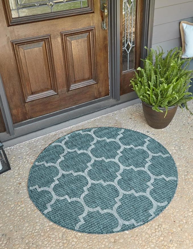 Unique Loom Outdoor Trellis Collection Area Rug (10' Round Teal/Gray)