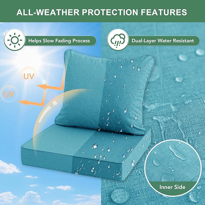 Summsun Faux Linen Outdoor Chair Cushions, Water Resistant Backrest and Deep Seat Cushion Set with Removable Cover, Straps, Non-Slip Bottom for Patio Furniture, 24 x 24 Inch, Teal