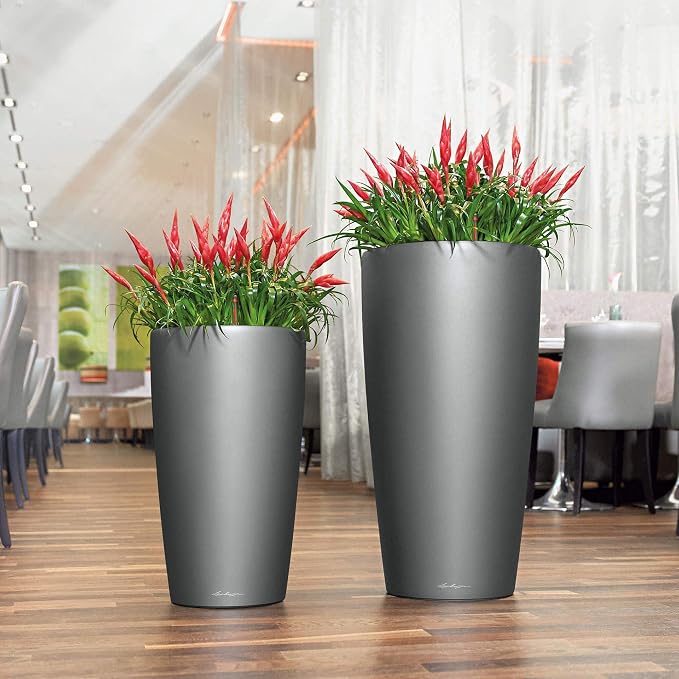 Lechuza Rondo 40 Charcoal Metallic, Self-Watering Tall Planter, D15.7 H29.5 in