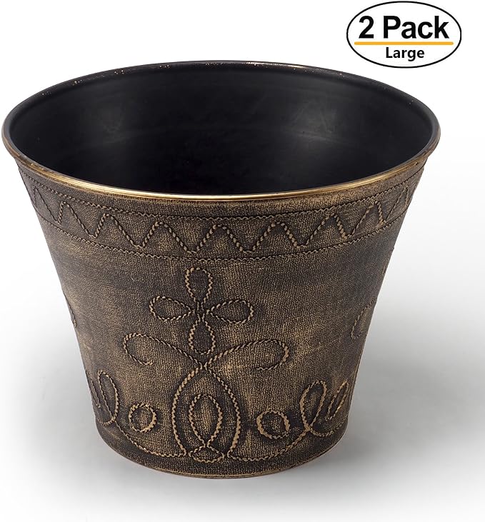 Large Fancy Decorative Planter (2 Pack) Rustic French Country Look Flowerpot Nursery Pot for Indoor, Outdoor, Garden, Patio, Office, Home Decor Use. Long Lasting, Reusable Light Weight (Gold-L)