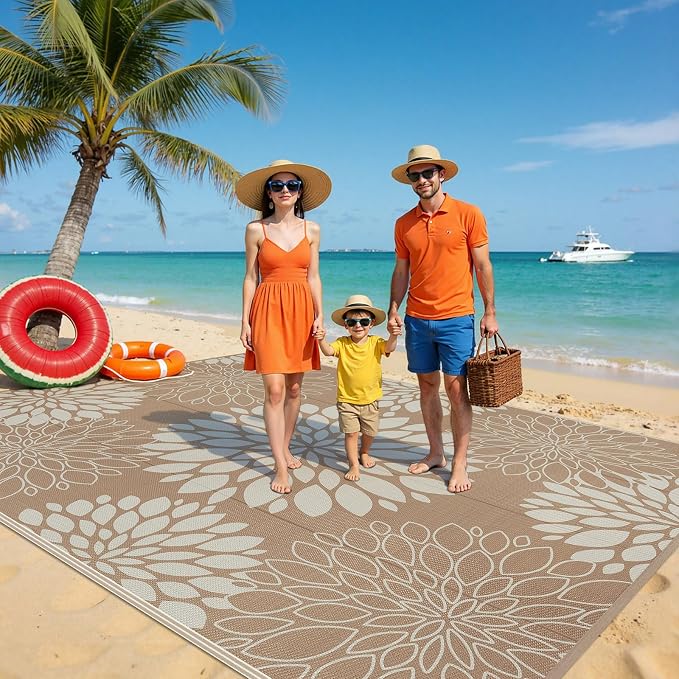 Ileading Waterproof Outdoor Rug 8x10, Reversible Plastic Straw Patio Rug, Portable Indoor Outdoor RV Camping Mat Carpet for Deck, Porch, Balcony, Backyard, Picnic, Floral Brown
