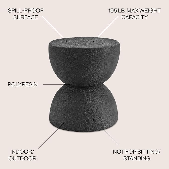 JONATHAN Y Greta Hourglass Outdoor Side Table and Stool, 18" Modern Textured All-Weather Accent End Table for Patio, Deck, or Garden, Black Frosted TBL1100B