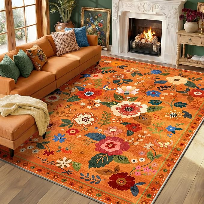 RELEANY Floral Washable 8x10 Area Rugs BurntOrange | Flower Carpet, Print, Boho, Non-Slip, Easy to Clean, Soft, Low Pile for Living Room Bedroom Kitchen Office Entryway Hallway