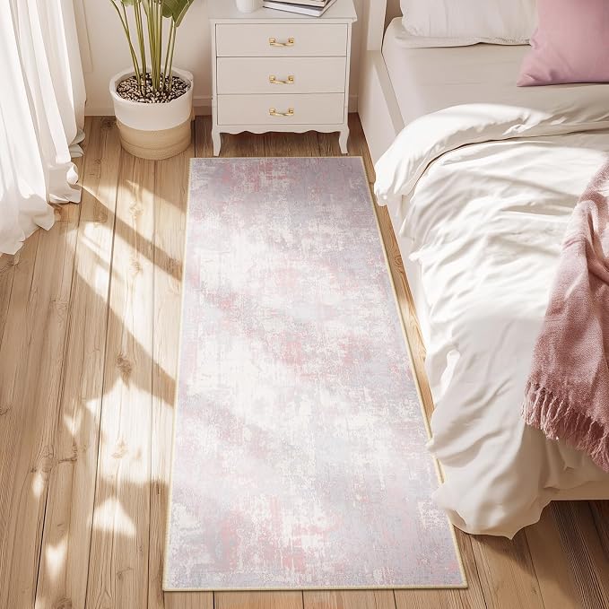 RELEANY Washable Runner 2'x10' Abstract Area Rug for Hallway Gray Pink | Carpet for Kitchen, Entryway, Bathroom, Living Room, Bedroom, Printed Pattern, Non‑Slip, Soft, Stain‑Resistant, Easy to Clean