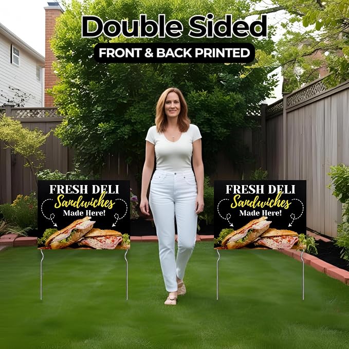 Fresh Deli Sandwiches Made Here! Yard Sign by DC | 24"x18" Double Sided Conv. Store Garden Sign with 13” Metal Stakes | Outdoor Signs Waterproof for Lawn, Patio, Sidewalk & House | Set of 4