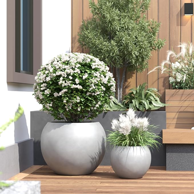 DTY Premium Mt Sherman Fiberstone Sphere Planter for Indoor Outdoor Use, Round Pot for Olive Tree, Lightweight, Smooth Finishes. 2 Extra Coco Mats. Gray, Large 21.1'' D x 16.7'' H. 14.6” Pot Opening