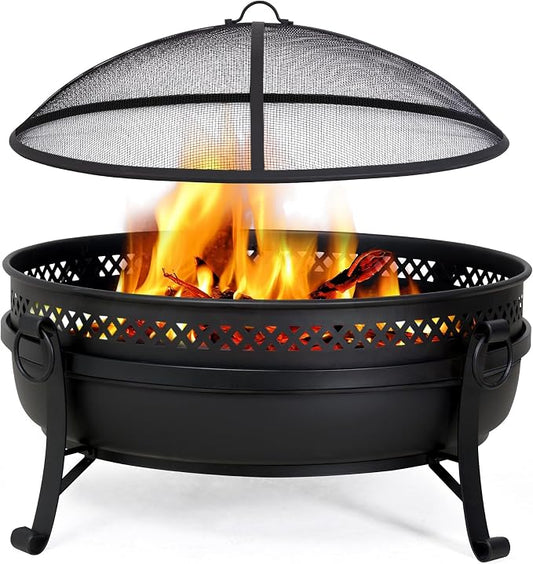 SUNCREAT Outdoor Patio Fire Pit with Mesh Spark Screen, 40" Portable Fire Pit for Camping, Outside, Black