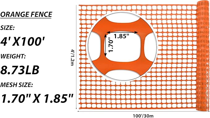 PotatoLife Plastic Mesh Fence Safety Fence, 2 Roll 4'x100' with 100 Zip Ties, Resuable Temporary Netting for Garden Fencing, Construction, Snow Fencing, Animal Barrier, Poultry, Deer, Patio, Orange