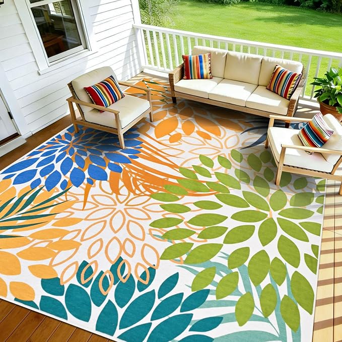 Yinhua Dahlia Floral Outdoor Rug 8x10 Colorful Indoor Outdoor Rugs Washable Patio Rug Non Slip Large Flower Area Rug Low Pile Outdoor Carpet for Patio, Deck, Porch, Balcony, Camping, Yellow Green