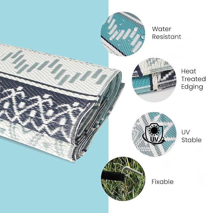 Outdoor Rug 9 x 12 ft, Reversible Plastic Straw Rug for Patio, Waterproof Large Outdoor Carpet for RV, Patio, Camping, Backyard, Deck, Picnic, Beach, Blue & Grey