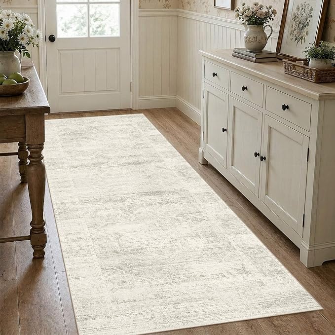 Latte&Fog 2.6x8 Washable Hallway Runner Ivory Rug for Kitchen Non Slip | Low Pile Soft Cute Throw Rug Doormat for Entrance Bathroom Laundry Bedside Bedroom Nursery Playroom Hallyway Dorm Office