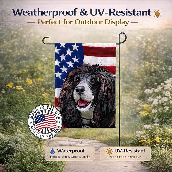 Caroline's Treasures CK6679GF Russian Spaniel Dog American Flag Garden Flag Mailbox Flag Decorative Yard Flag Banner Outside Patio Artwork Yard Flower Beds, Garden Size, Multicolor