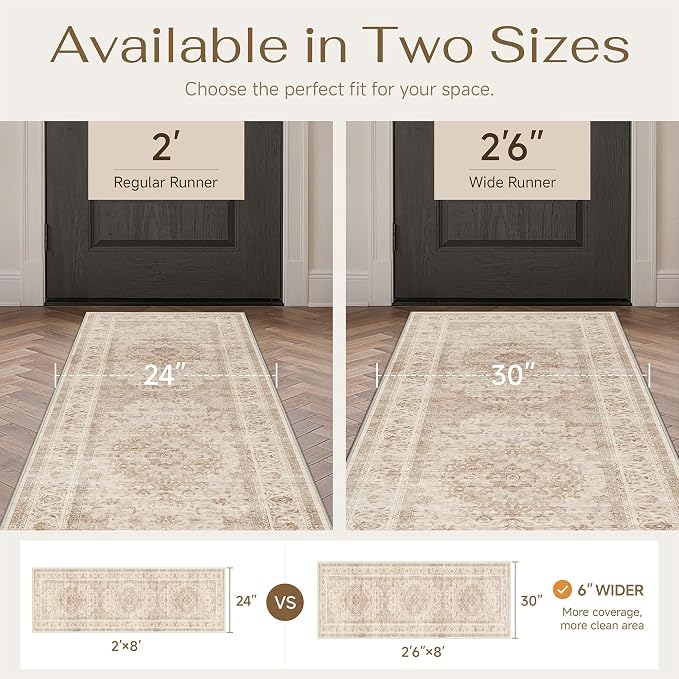 2'6x10 Beige Washable Runner Rug Non Slip Vintage Carpet | Low Pile, Stain Resistant, Living Room, Kitchen, Bathroom, Bedroom, Entryway, Hallway, Soft, Thin, Lightweight