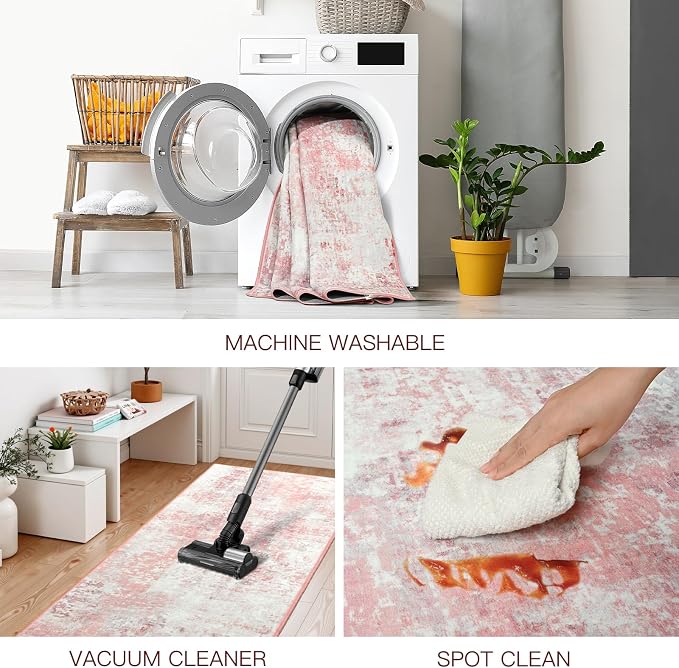 Pink Washable Small Area Rug, 2x3 Abstract Non-Slip Door Mat, Modern Low Pile Indoor Entryway Rugs, Stain Resistant Throw Carpet for Front Door, Kitchen, Entry, Inside Entrance