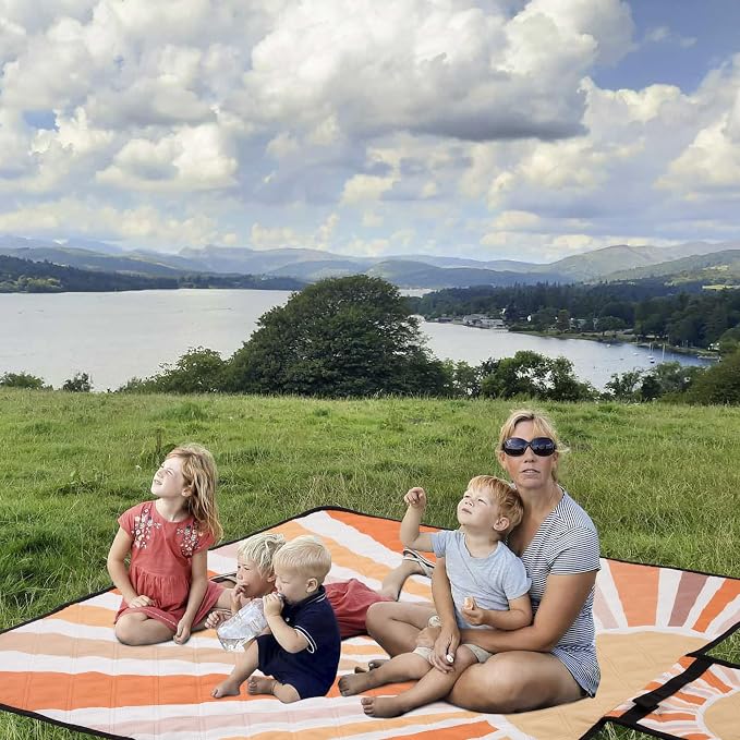 Picnic Blankets Waterproof,79''x79'' Extra Large Foldable Sandproof Beach Blanket,Portable 3-Layer Polyester Outdoor Picnic Blanket for Grass Lawn,Beach,Family Camping,Park,Travel-Starburst Orange