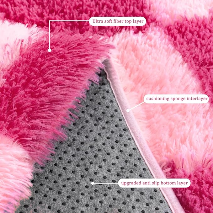 Checkered Rug for Living Room 6x9, Ultra Fluffy Fuzzy Shag Large Area Rug for Bedroom, Modern Plush Soft Upgrade Non-Slip Carpet for Kids and Girls Room Dorm Home Decor, Pink and Hot Pink