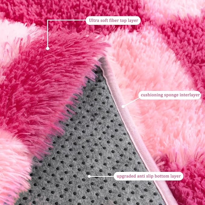 Checkered Rugs for Bedroom, 4x6 Ultra Fluffy Fuzzy Shag Area Rug for Living Room, Modern Plush Soft Upgrade Non-Slip Carpet for Girls and Kids Room Dorm Nursery Home Decor, Pink and Hot Pink