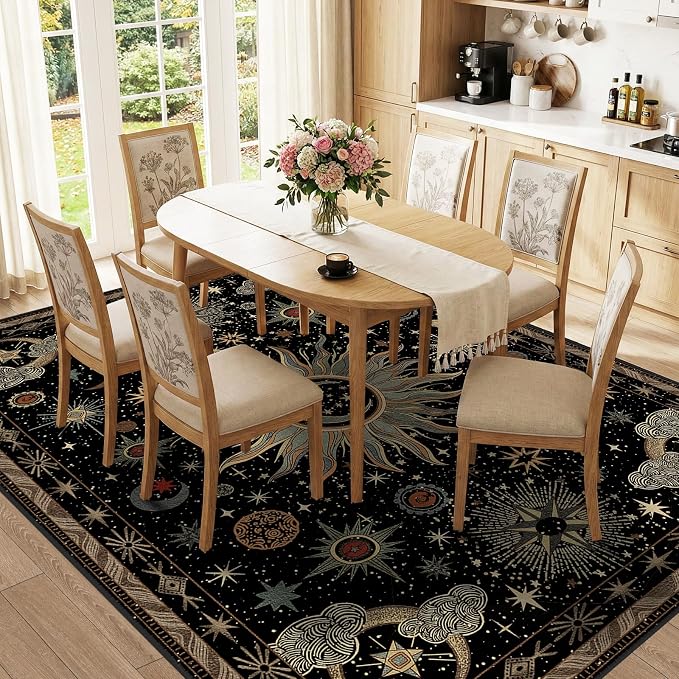 Vacuum-Friendly, 8x10 Washable Area Rug, Black Green Beige | Sun and Moon Boho Gothic Non-Slip Low Pile Living Roon Bedroom Dining Room Kitchen Entry Entryway Entrance Hallway Doormat