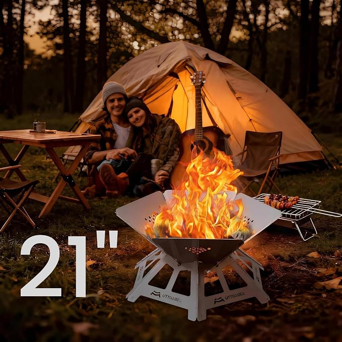 21" Portable Outdoor Fire Pit with Charcoal Grill Net & Storage Bag | 0.8mm Thick Stainless Steel, For Patio, Backyard BBQ, Camping & Beach Bonfires