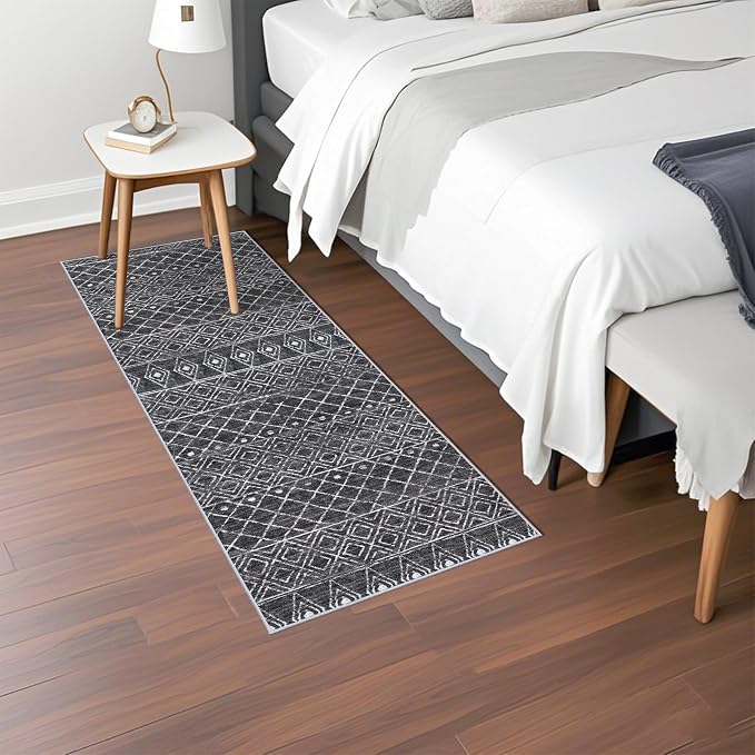 2x5 Hallway Rug Runner Moroccan: Washable Non Slip Runner Rug Black | Pets Friendly Runner Low Pile Soft Indoor Floor Mat Front Door for Kitchen Bedroom Entryway Laundry