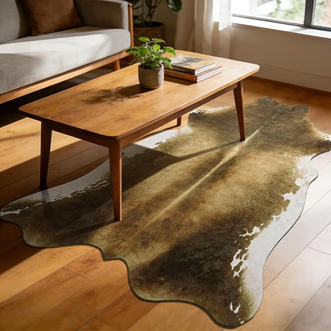 Washable Non Slip Faux Cowhide Rug 2x3 Brindle and White, Small Indoor Front Door Entryway Mat, Western Rustic Cottagecore Decor Animal Print Throw Layering Rug for Dorm Room