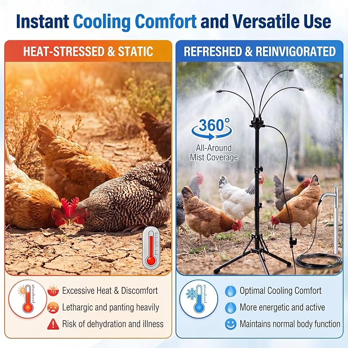 Pickmesh 4 Set Chicken Coop Mister Cooling System, 5.3ft Adjustable Standing Poultry Mister with 26ft Hose, 360° Outdoor Misting System for Chickens, Helps Keep Flocks Cooler During Hot Weather