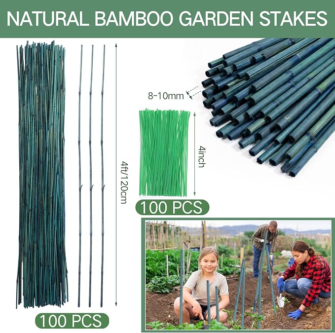 Suclain 100 Pcs 4 Feet Bamboo Stakes for Plant Support Bamboo Sticks Poles Indoor and Outdoor Tall Garden Stakes with 100 Twist Ties for Tomato Bean Flowers Trees Potted and Climbing Plant Support