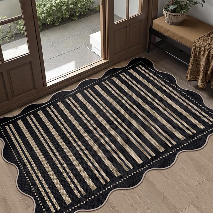 Striped Easy Jute Front Door Mat, 2.6x4 Washable Entryway Rug Non Slip Small Kitchen Rug, Farmhouse Low Pile Floor Scalloped Rugs for Bathroom Porch Doorway