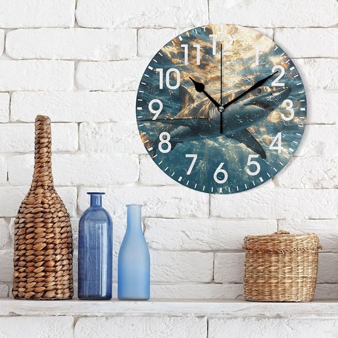 ALAZA Home Decor Shark Underwater Magic Round Acrylic 9.84 Inch Wall Clock Non Ticking Silent Clock Art for Living Room Kitchen Bedroom