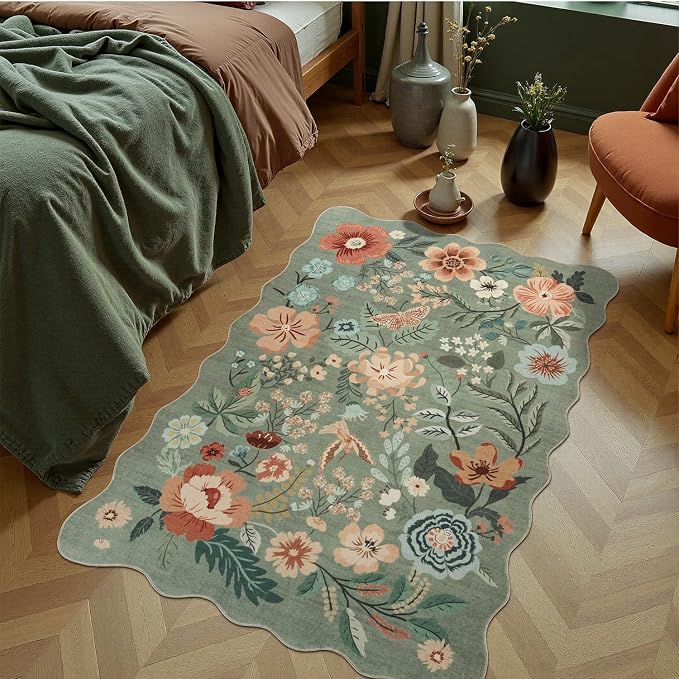 DCX Vintage Floral Washable Area Rug 3x5, Non Slip Low Pile Rug, Sage Green | Rugs for bedroom, living room, dining room, office, soft, kid & pet friendly, sain resistant indoor carpet, home decor