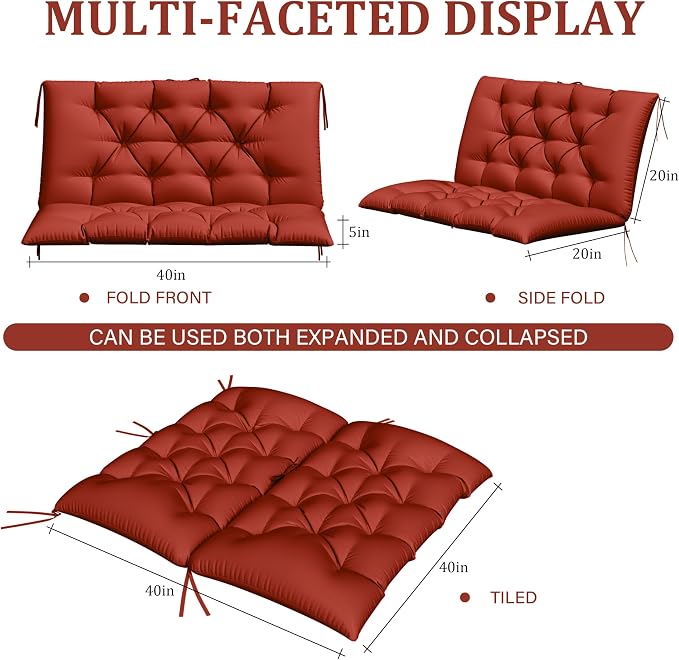 Porch Swing Cushion with Backrest,Waterproof Bench Cushion for Outdoor Furniture,2-3 Seater Replacement Thickened 5 in Swing Cushion,with Ties,Patio,Backyard and Garden (Terra Red,40x40 in)
