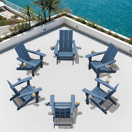 SERWALL Modern Folding Adirondack Chair Set of 6, Weather Resistant Outdoor Adirondack Chair with Dual Cup Holders, HDPE Fire Pit Chairs for Patio Lawn Garden, Blue
