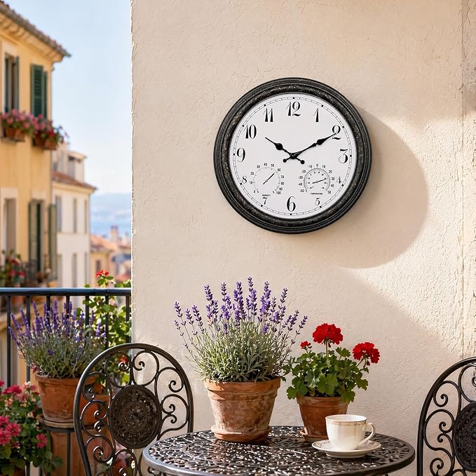 Outdoor Waterproof Wall Clock with Thermometer and Hygrometer Combo, 15 in Retro Battery Operated Garden Clocks for Indoor and Outside Patio Deck Pool -Not Silent (Black)