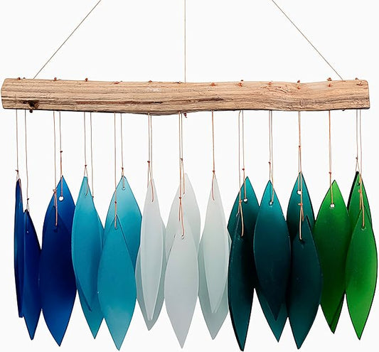 Blue Handworks Gradient Ocean Shades Glass Leaves Wind Chime | Sandblasted Glass and Found Wood Handcrafted Wind Chime