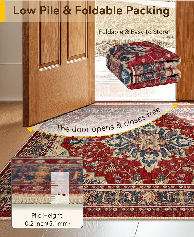 RELEANY Washable Area Rug, Large 9'x12', Red/Blue | Non-Slip, Water Repellent, Pet Friendly, Easy to Clean, Vintage Floral Boho Decor for Living Room Bedroom Dining Room