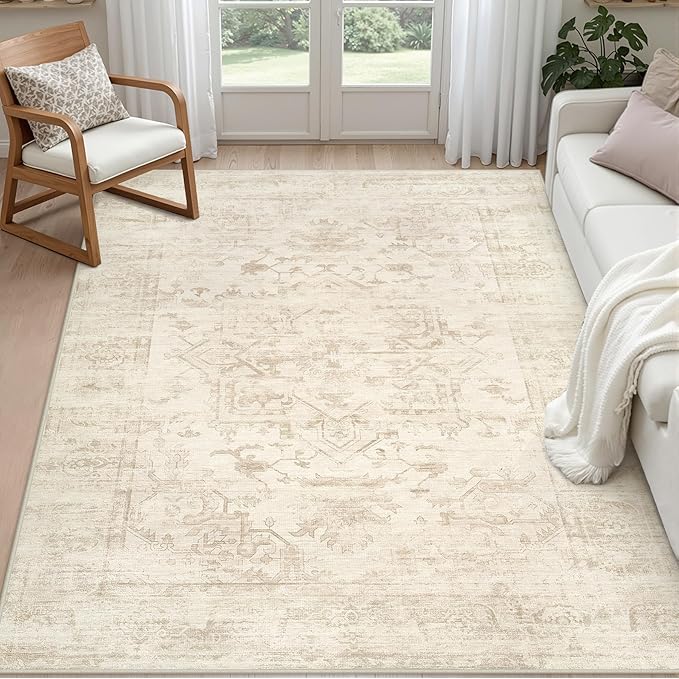 3x5 Area Rugs Living Room: Bedroom Washable Carpet Beige/Brown | Large Vintage Boho Indoor Decor Neutral Soft Nursery Farmhouse Dining Room Office Floor Non-Slip Low Pile Under Table Rug