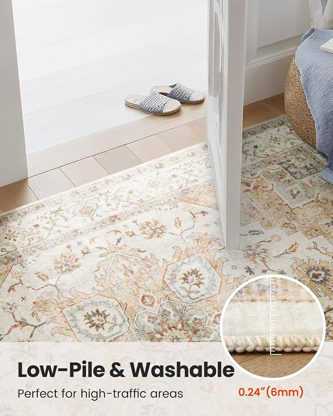 AMADA HOMEFURNISHING 2'6"x10' Washable Area Rug, Low-Profile Entryway Rug with Non-Slip Backing & Durable Edge Binding, Vintage Rug Pattern, Small Rugs for Entryway, Kitchen & Living Room