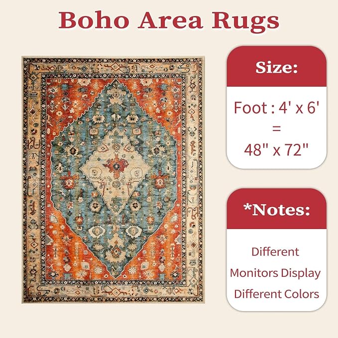 SERISSA 4x6 Washable Non Slip Boho Area Rug for Bedroom | Ultra Soft Vintage Oriental Carpet Low-Pile Distressed Tribal Throw Carpet for Entry Living Room Nursery Kitchen Dorm Decor