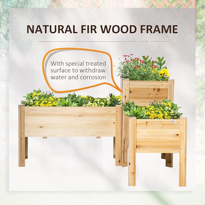 Outsunny Raised Garden Bed Set of 3, Wooden Elevated Planter Box with Legs and Bed Liner, for Backyard and Patio to Grow Vegetables, Herbs, and Flowers, Natural