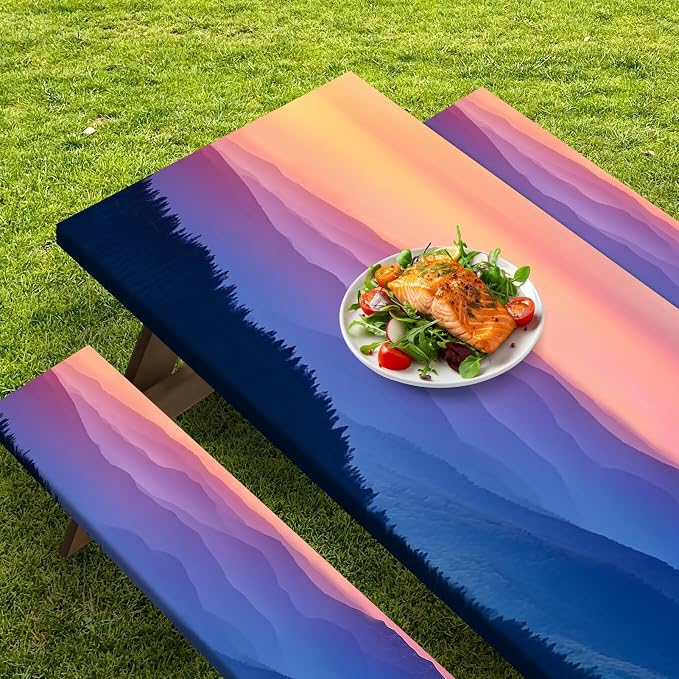 3 Piece Fitted Picnic Table Cover with Bench Covers, 72"x30" Full Elastic Edge Camping Tablecloth, Waterproof Wipeable RV Outdoor Patio Park Camping Essentials With Drawstring Bag (Nature)