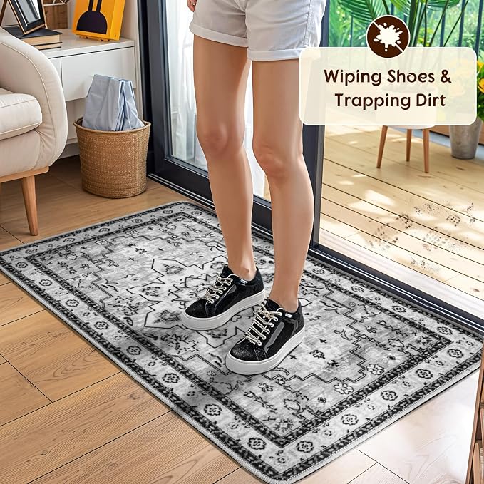LBRO2M Machine Washable Rug Soft Pet Friendly Carpet 2X3 Gray | Persian Rug 2X3 for Entryway, Kitchen, Bathroom Non Slip Carpet, Foldable Stain Resistant Rugs
