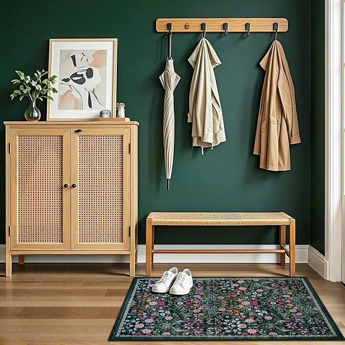 PLHXFR 2x3 Small Entryway Rug: Floral Washable Indoor Carpet Dark Green | For Entrance, Bedroom, Kitchen, Laundry, Bathroom,Door Mat,Vintage Floral,Machine washable,Non-Slip,Stain Resistant,Indoor