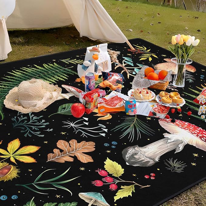 Mushroom Picnic Blankets Waterproof Foldable, 60″X80″Thick Three Layer Picnic Mat Outdoor Blanket for Grass,Cute Beach Blanket Sandproof Picnic Accessories for Camping Party Park Hiking